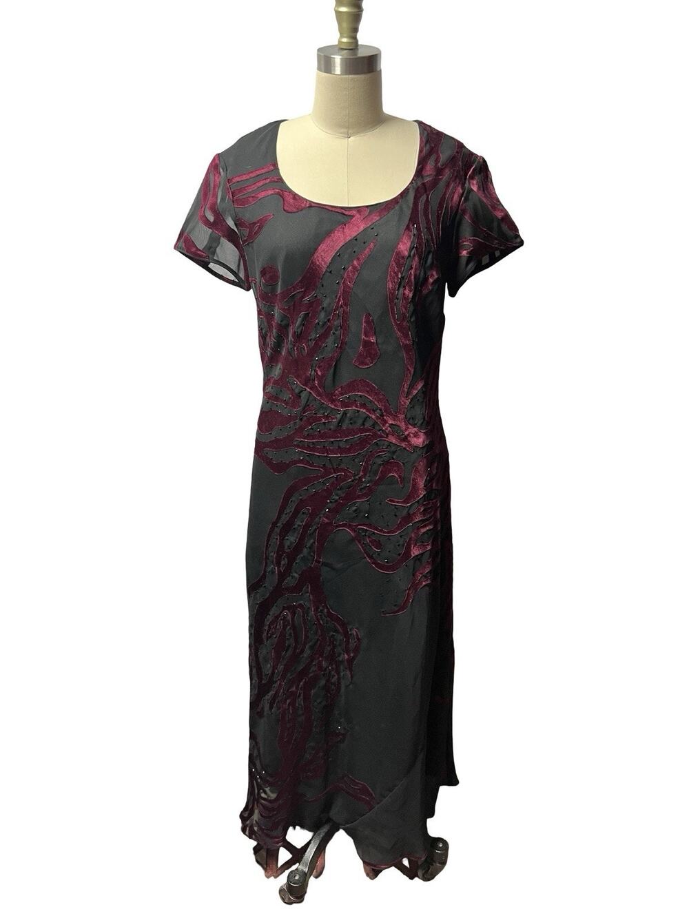 Eva Blue Y2K Beaded Black Chiffon Midi Dress Fairy Whimsygoth Vintage Size 12